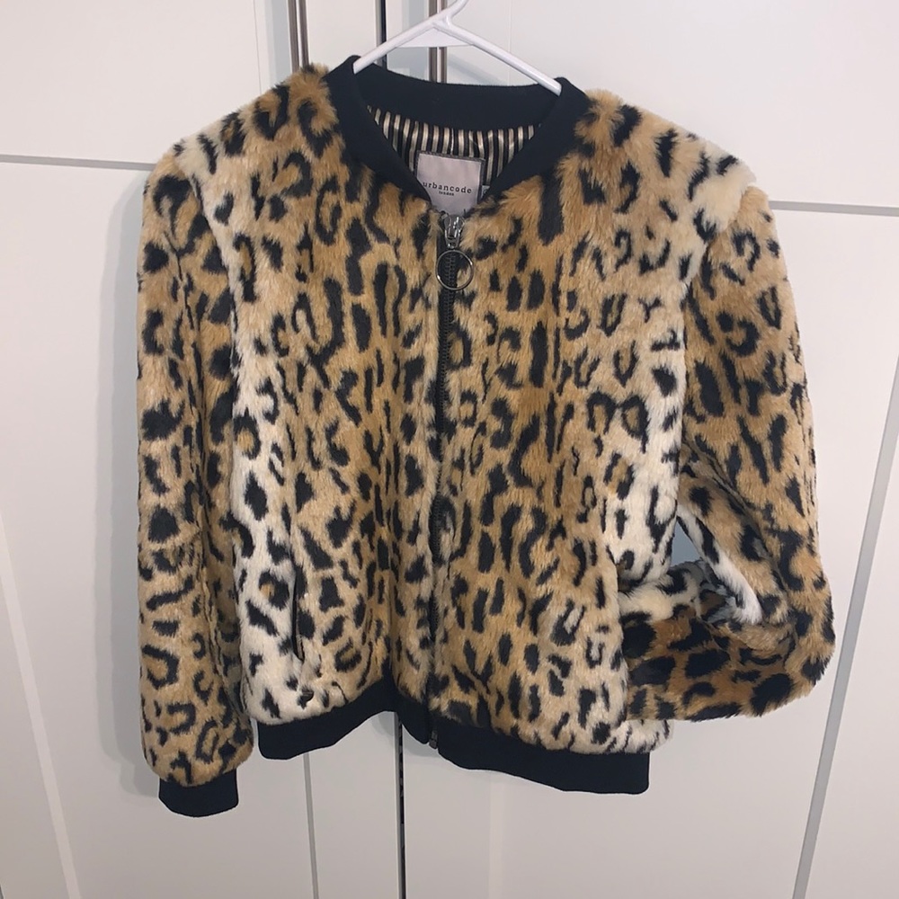 Urbancode London Faux Fur Leopard Bomber Jacket